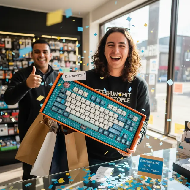 AI-generated retail photo of a fan winning a limited-edition keyboard, created with PixiePop