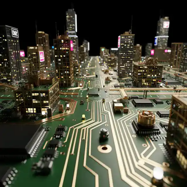 AI-generated 3D render of a city skyline rising from a circuit board, created with PixiePop