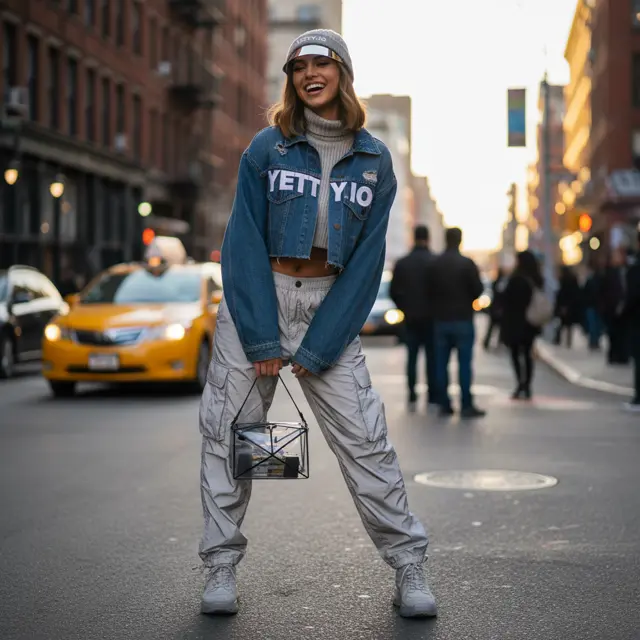 AI fashion street-style photo of a model in a branded denim jacket, made with PixiePop