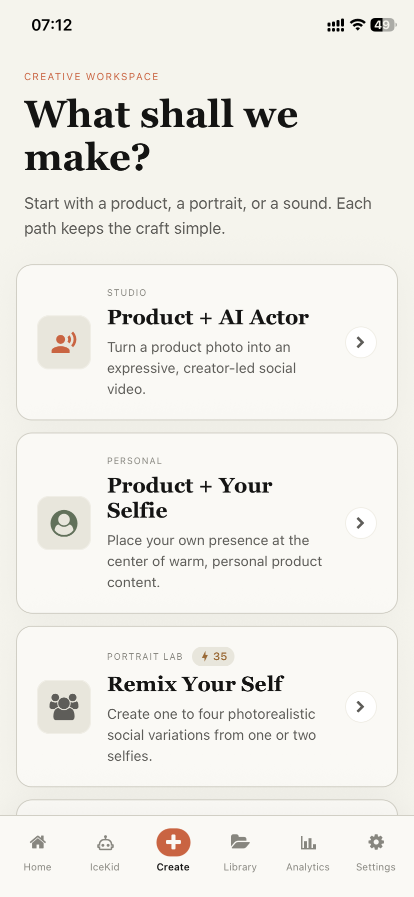 Create screen of the IceCone mobile app