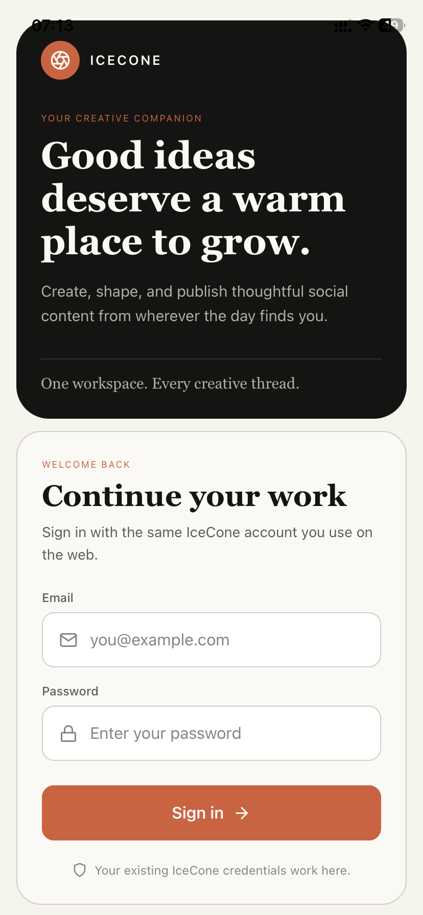 Sign in screen of the IceCone mobile app