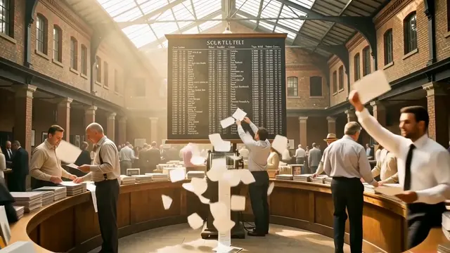 A 1920s exchange hall with a chalk quotation board, a ticker tape and runners carrying paper slips.