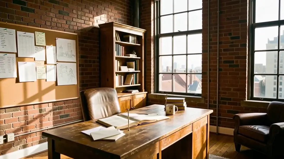 A corner office with a desk under a cork strip pinned with notes, budgets, invoices and leads.
