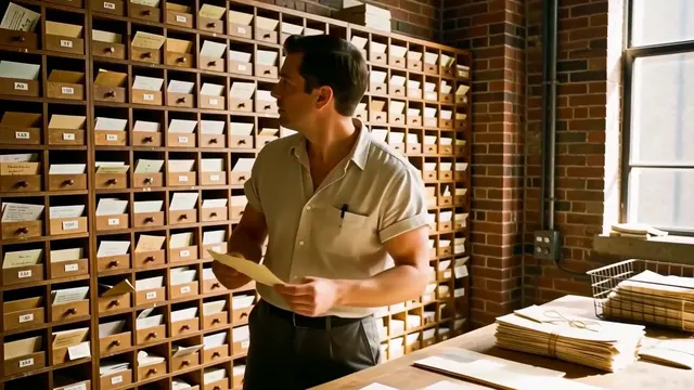 A post room with a wall of pigeonholes and a clerk sorting letters at a long oak table.