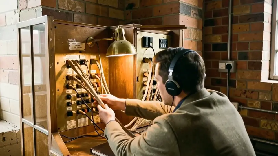 An operator at a brass switchboard threaded with fabric patch cables, seen from behind.