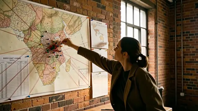 A campaign room with a wall map stuck with coloured pins and string, and pinned territory charts.