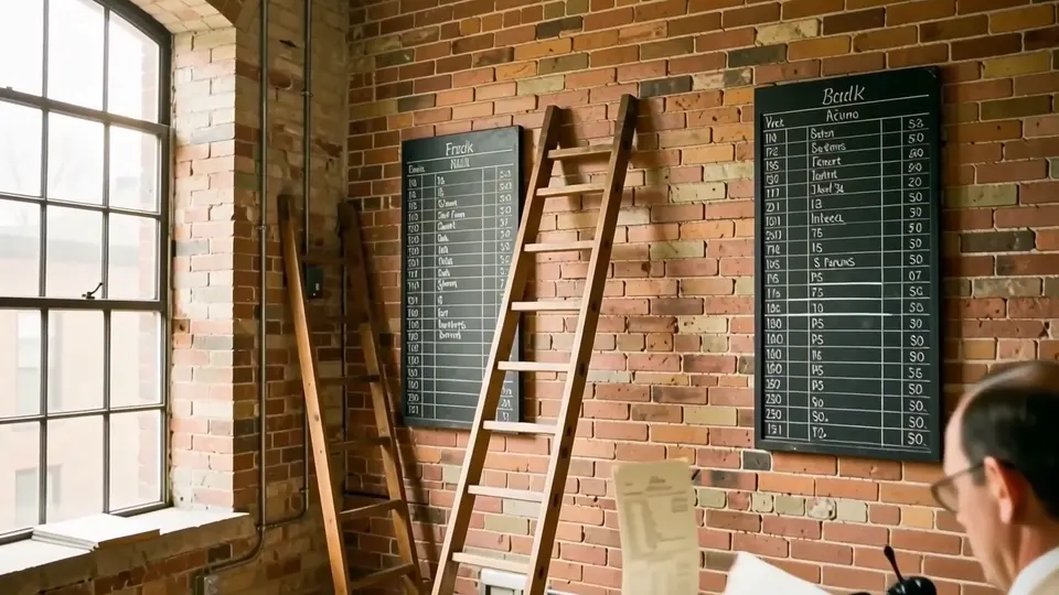 A ledger room with tall chalk tally boards and a clerk ruling columns in a bound ledger.