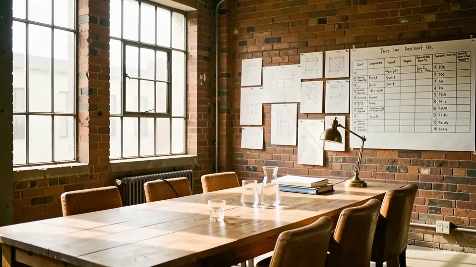 A boardroom with a long oak table and a far wall covered in pinned plans and schedules.